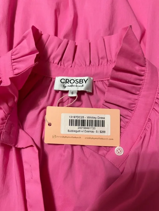 Crosby by Mollie Burch Sz S Whitley Dress Pink Bubblegum Tiered Ruffle Pom Trim - Picture 12 of 12